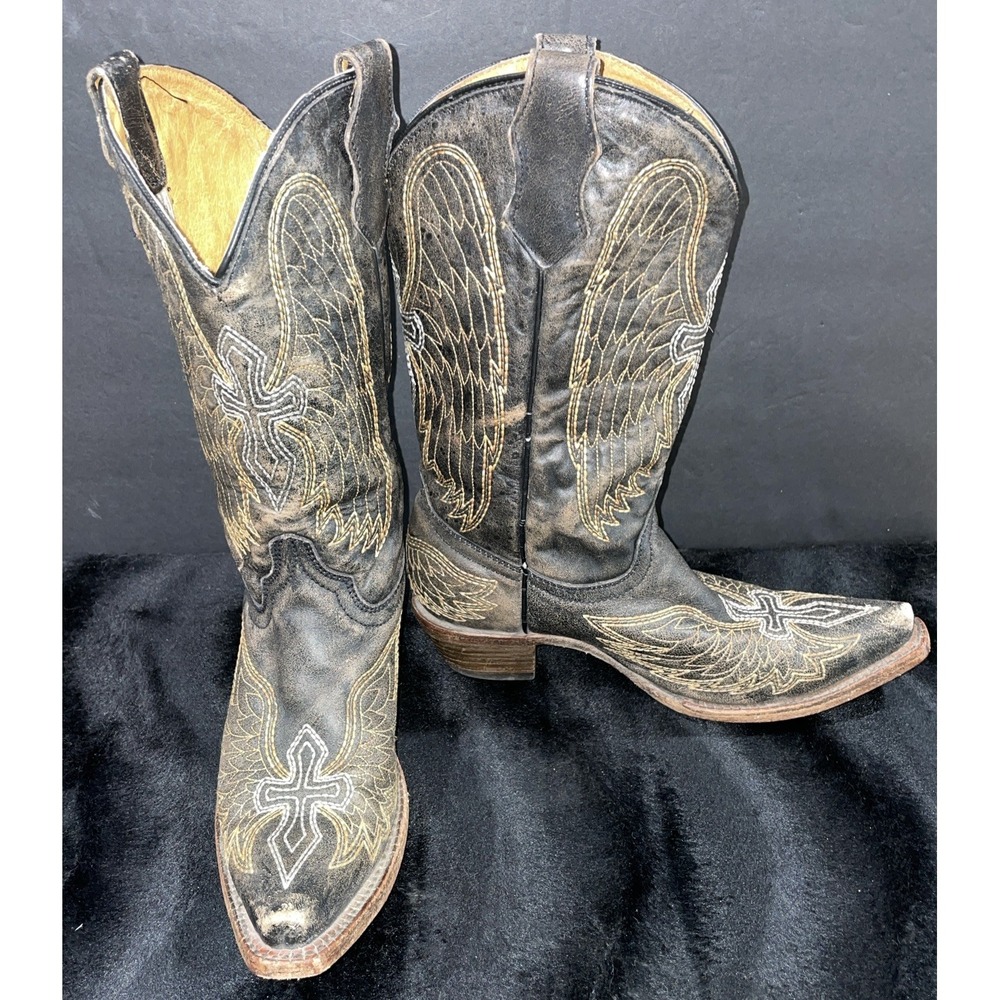 Corral TEENS Dark Brown Leather Distressed Cross Wing Western Boots Size 4 T